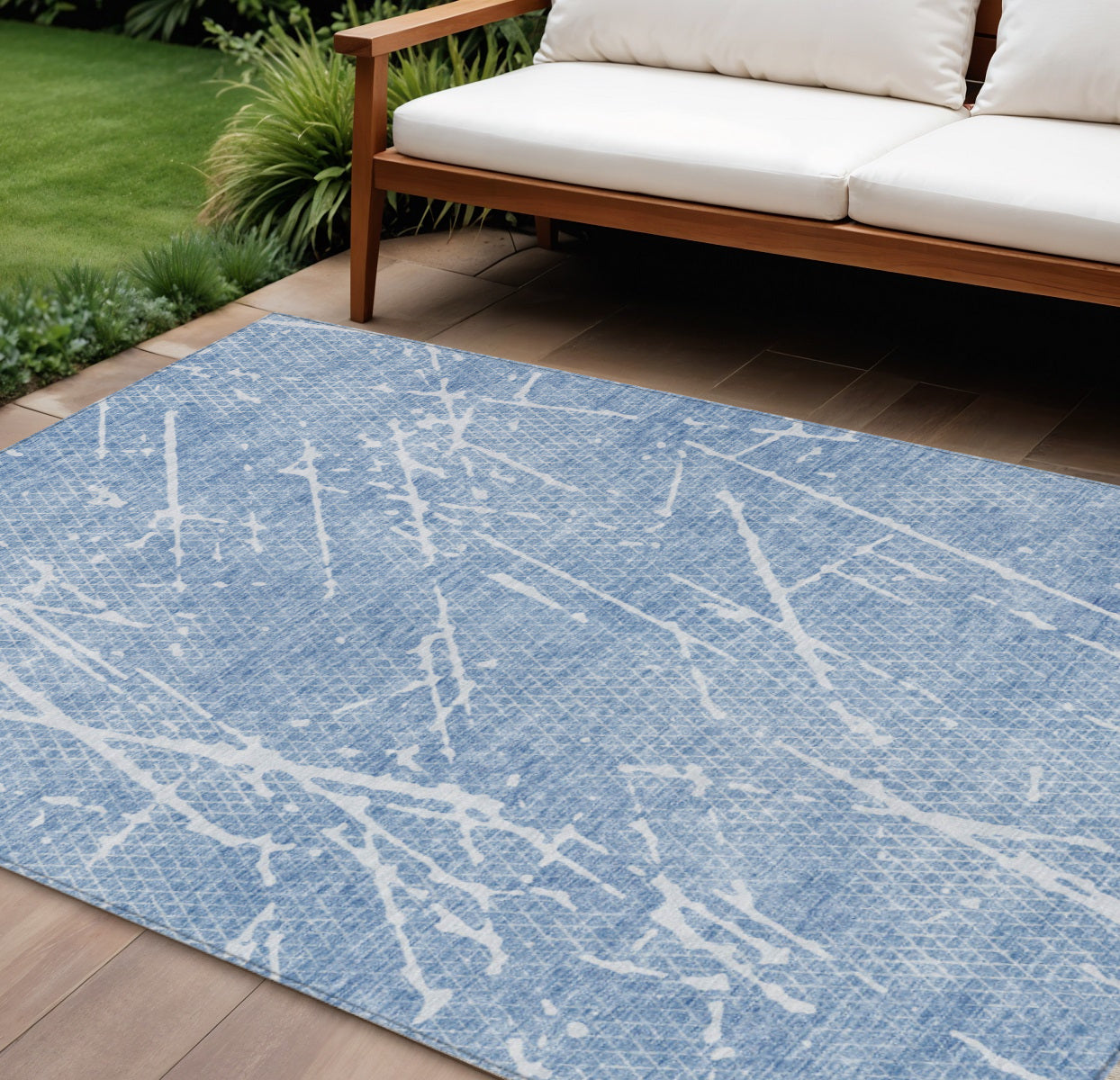 8' X 10' Blue And Ivory Abstract Washable Indoor Outdoor Area Rug