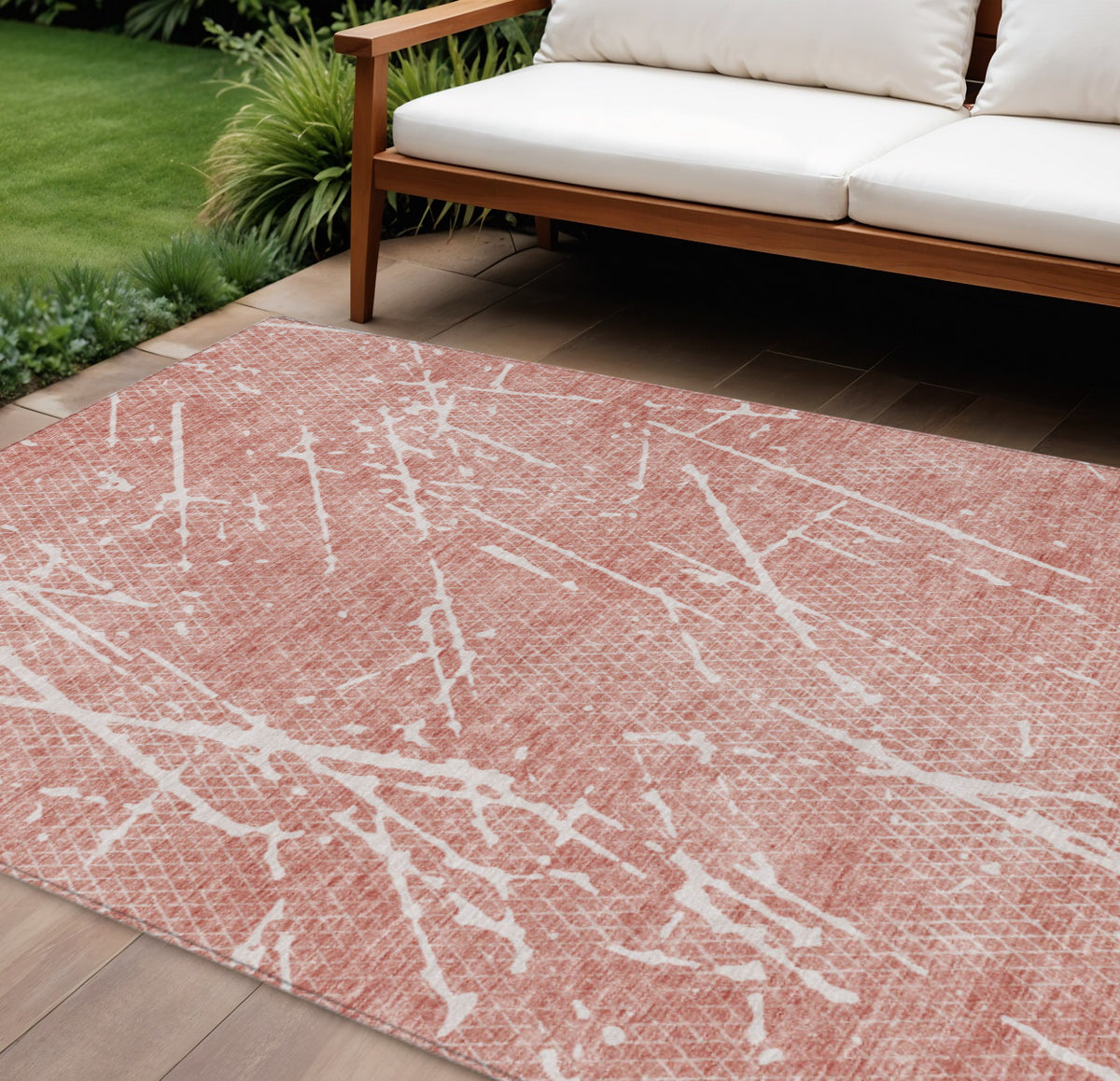 10' X 14' Blush And Ivory Abstract Washable Indoor Outdoor Area Rug