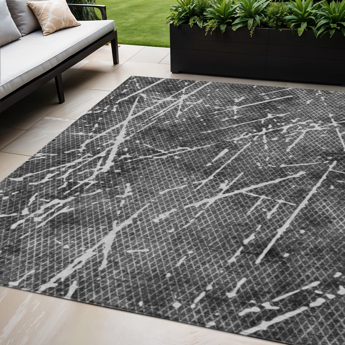 5' X 8' Charcoal Ivory And Gray Abstract Washable Indoor Outdoor Area Rug