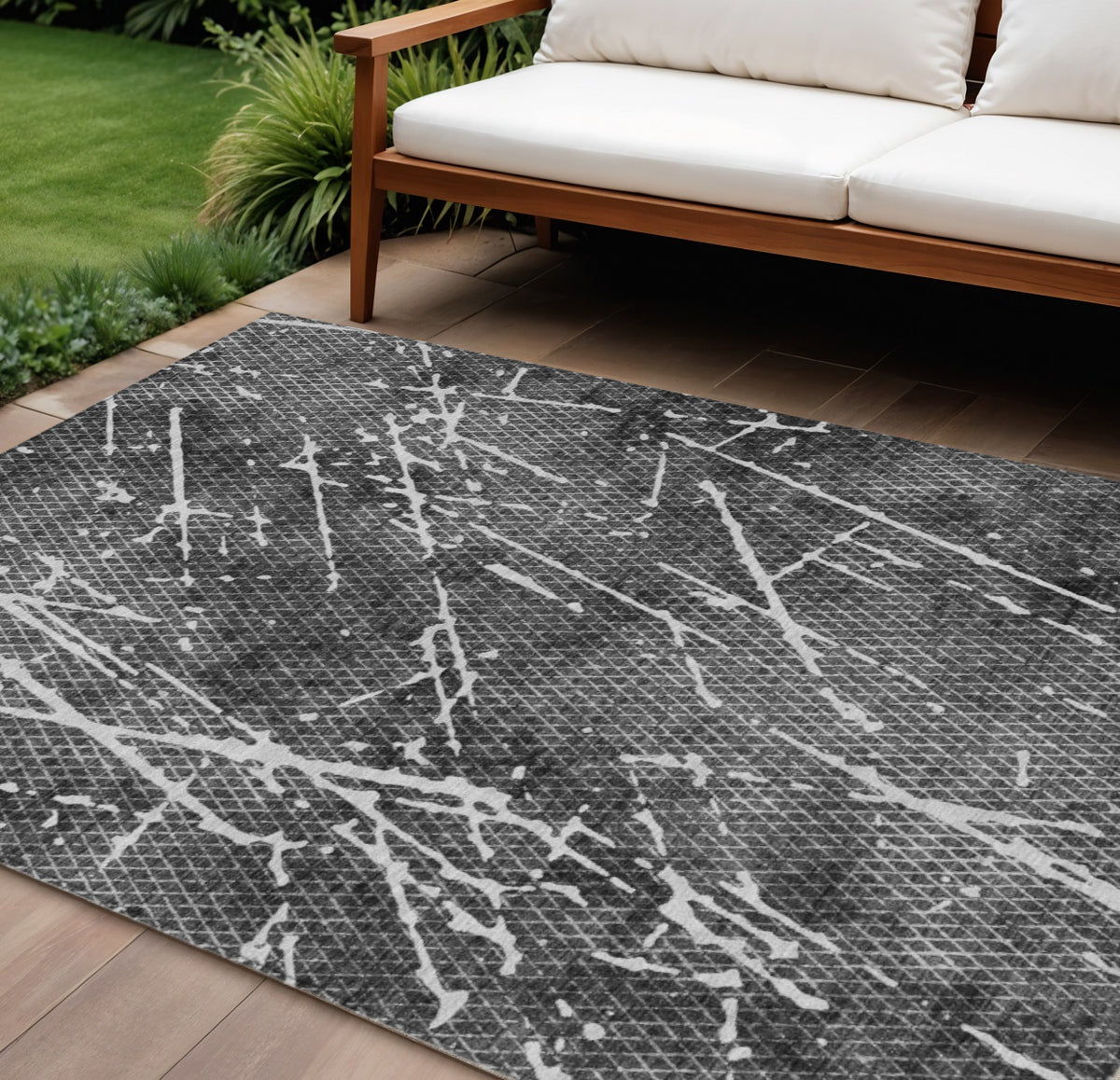 10' X 14' Charcoal Ivory And Gray Abstract Washable Indoor Outdoor Area Rug