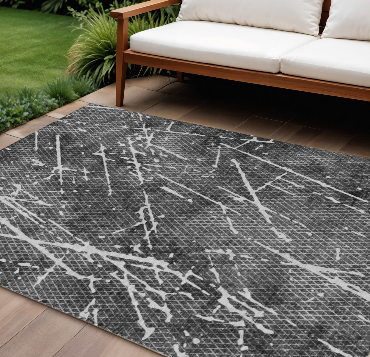 10' X 14' Charcoal Ivory And Gray Abstract Washable Indoor Outdoor Area Rug