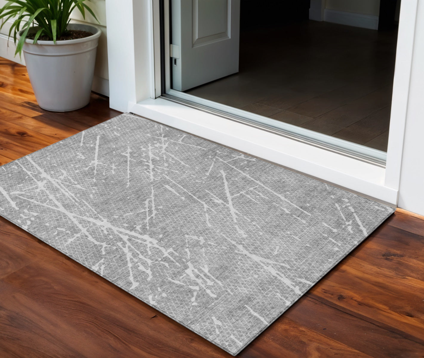 3' X 5' Gray Ivory And Silver Abstract Washable Indoor Outdoor Area Rug