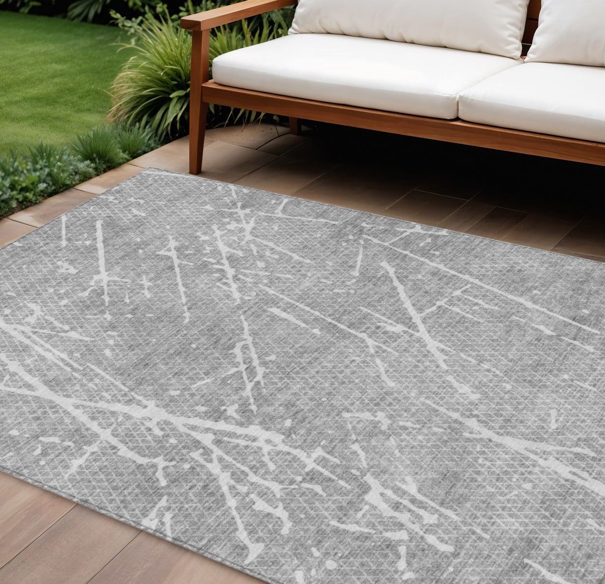 9' X 12' Gray Ivory And Silver Abstract Washable Indoor Outdoor Area Rug