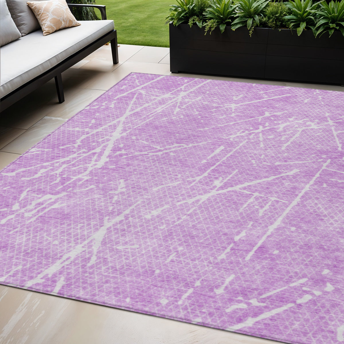 5' X 8' Lilac And Ivory Abstract Washable Indoor Outdoor Area Rug