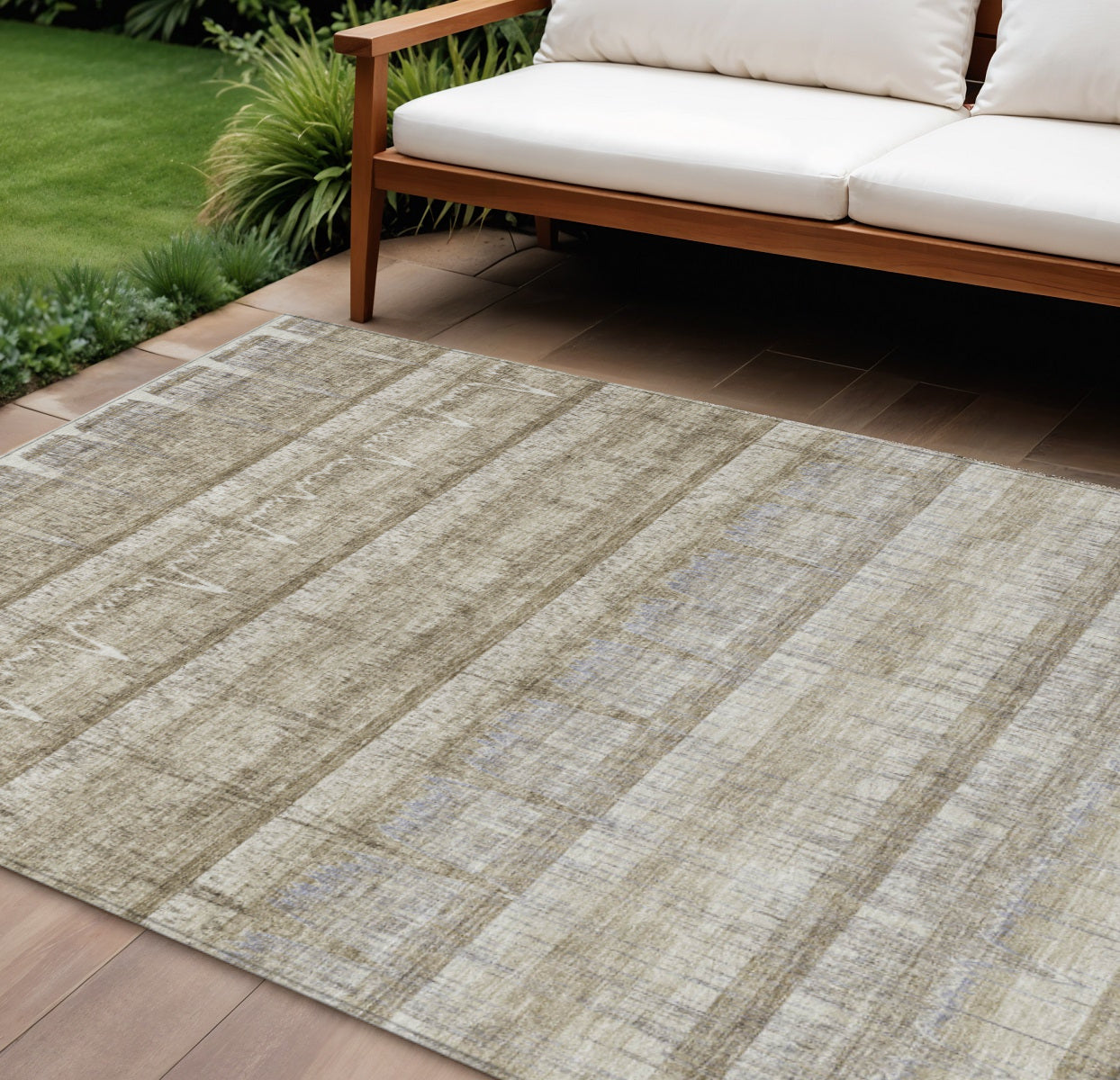 9' X 12' Taupe Gray And Beige Striped Washable Indoor Outdoor Area Rug