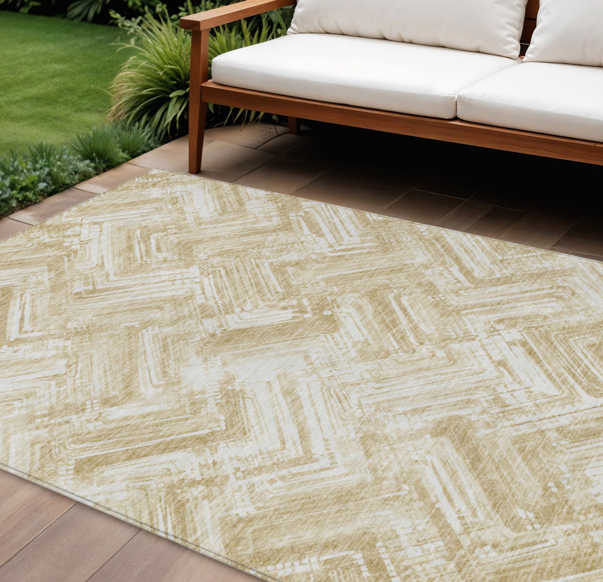 10' X 14' Beige Tan And Ivory Geometric Washable Indoor Outdoor Area Rug