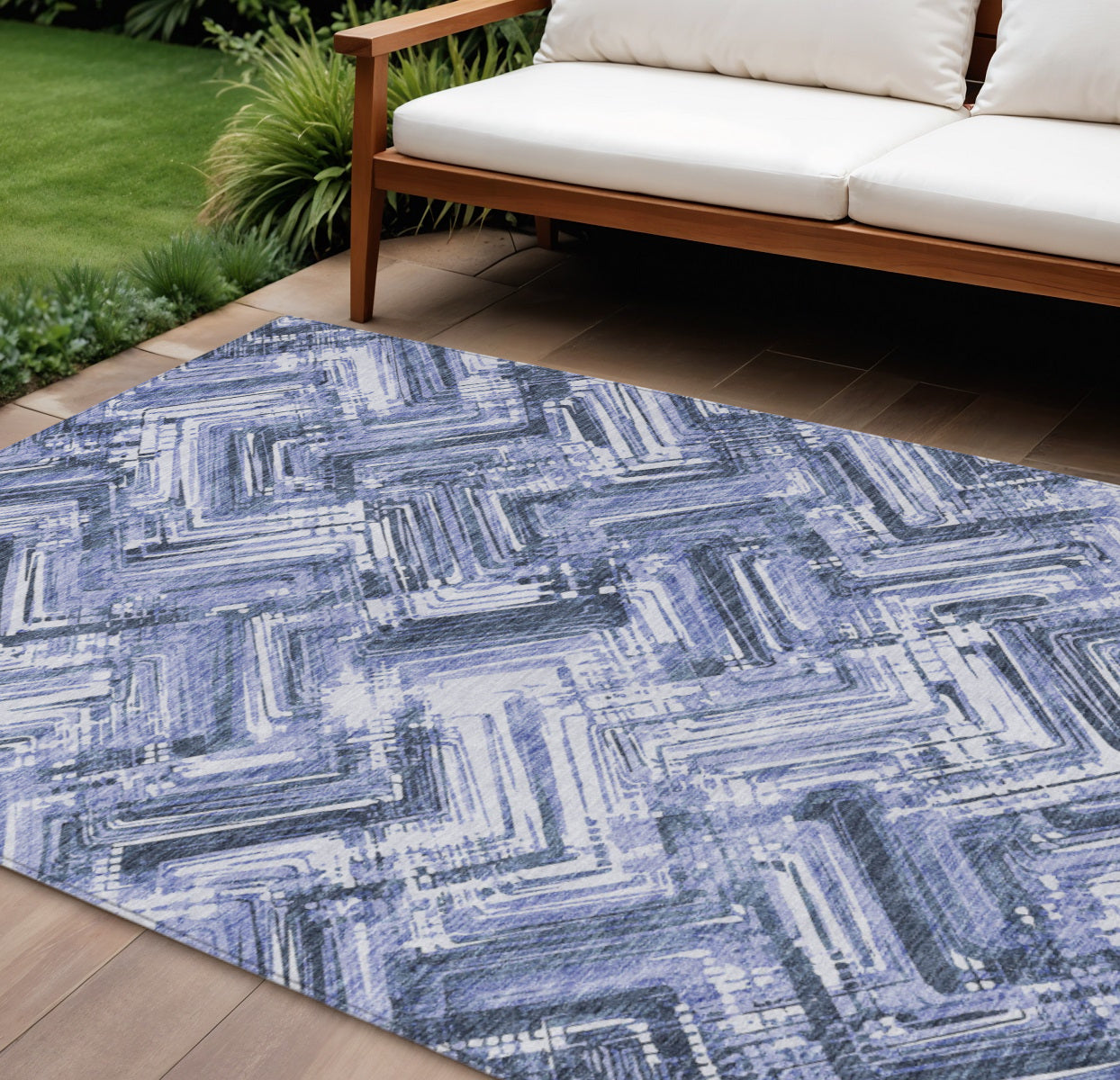 9' X 12' Navy Blue And Sky Blue Geometric Washable Indoor Outdoor Area Rug