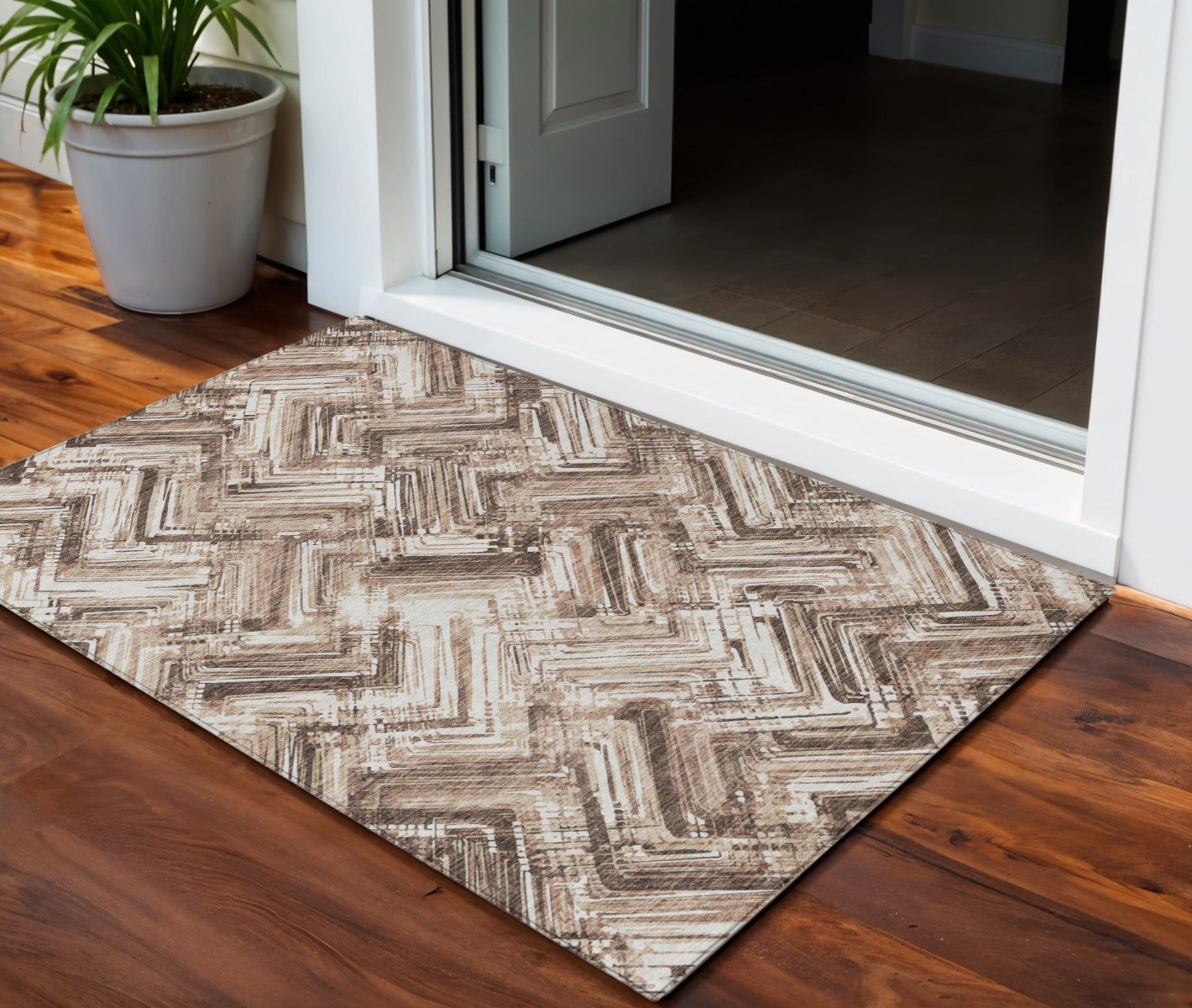 3' X 5' Brown Taupe And Tan Geometric Washable Indoor Outdoor Area Rug