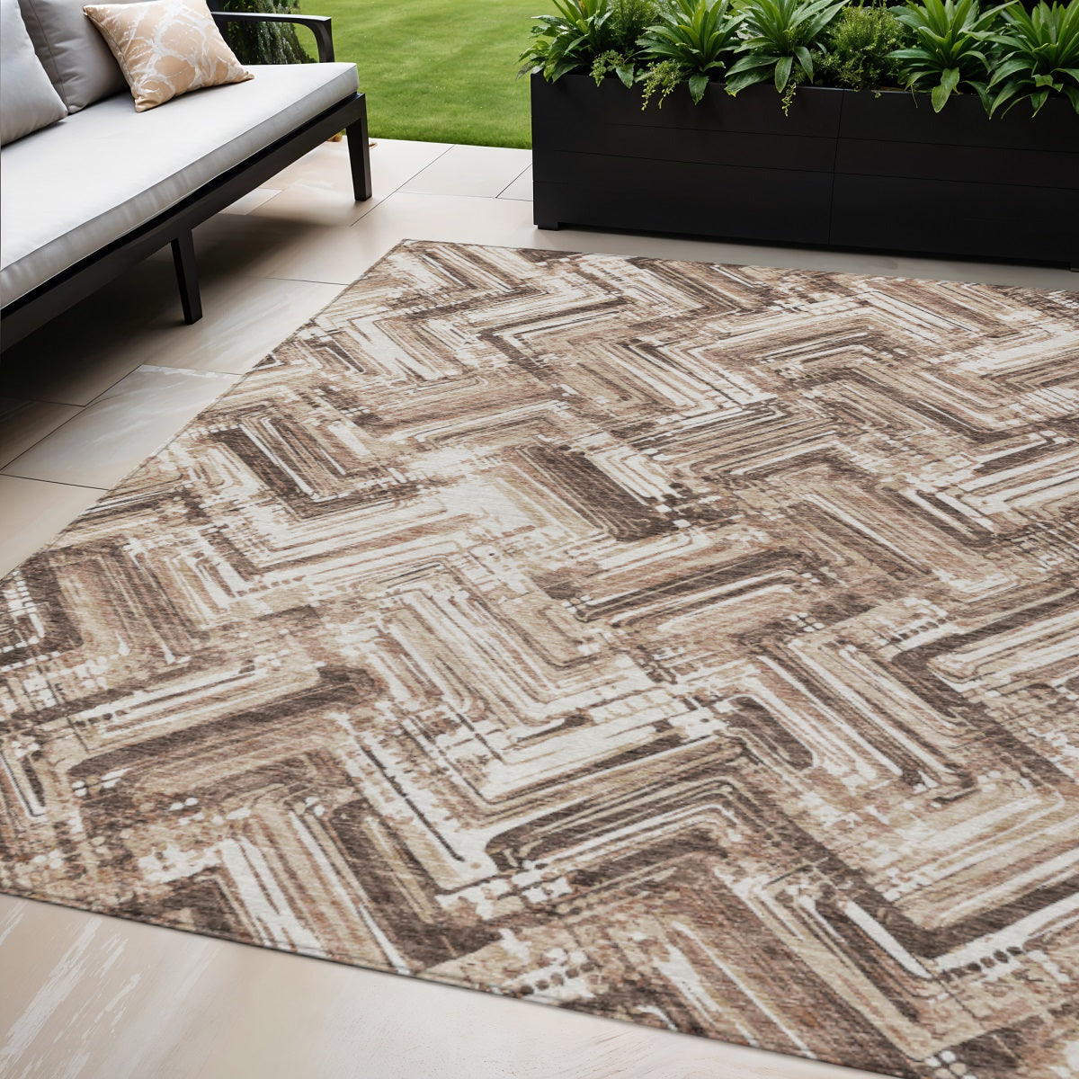 5' X 8' Brown Taupe And Tan Geometric Washable Indoor Outdoor Area Rug
