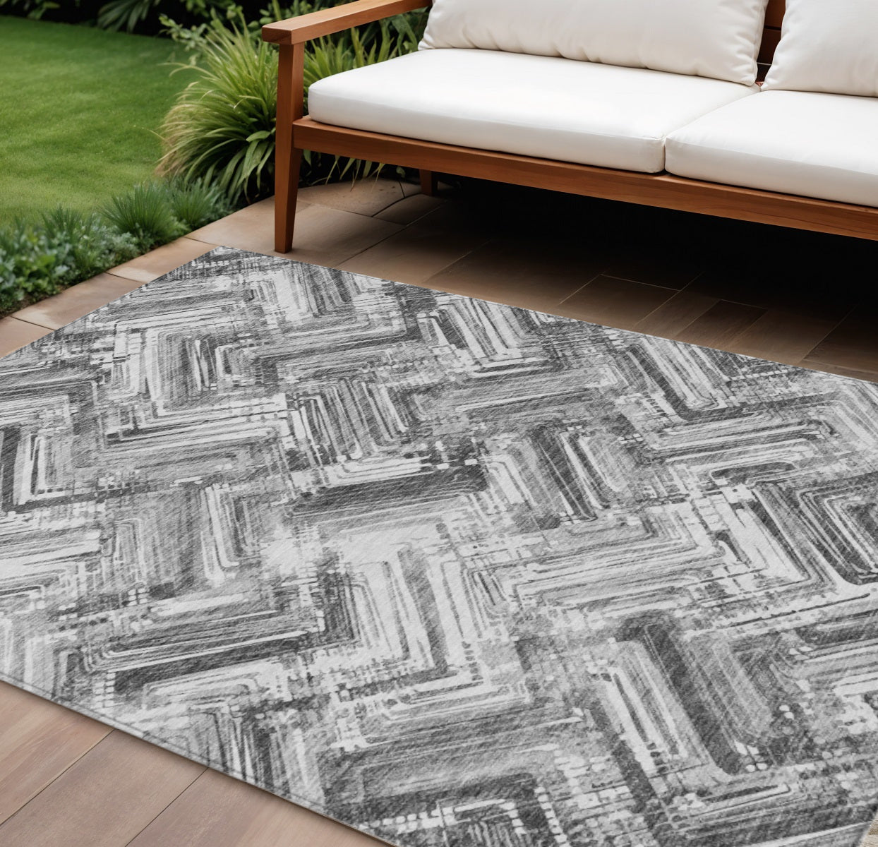 9' X 12' Gray Silver And Ivory Geometric Washable Indoor Outdoor Area Rug