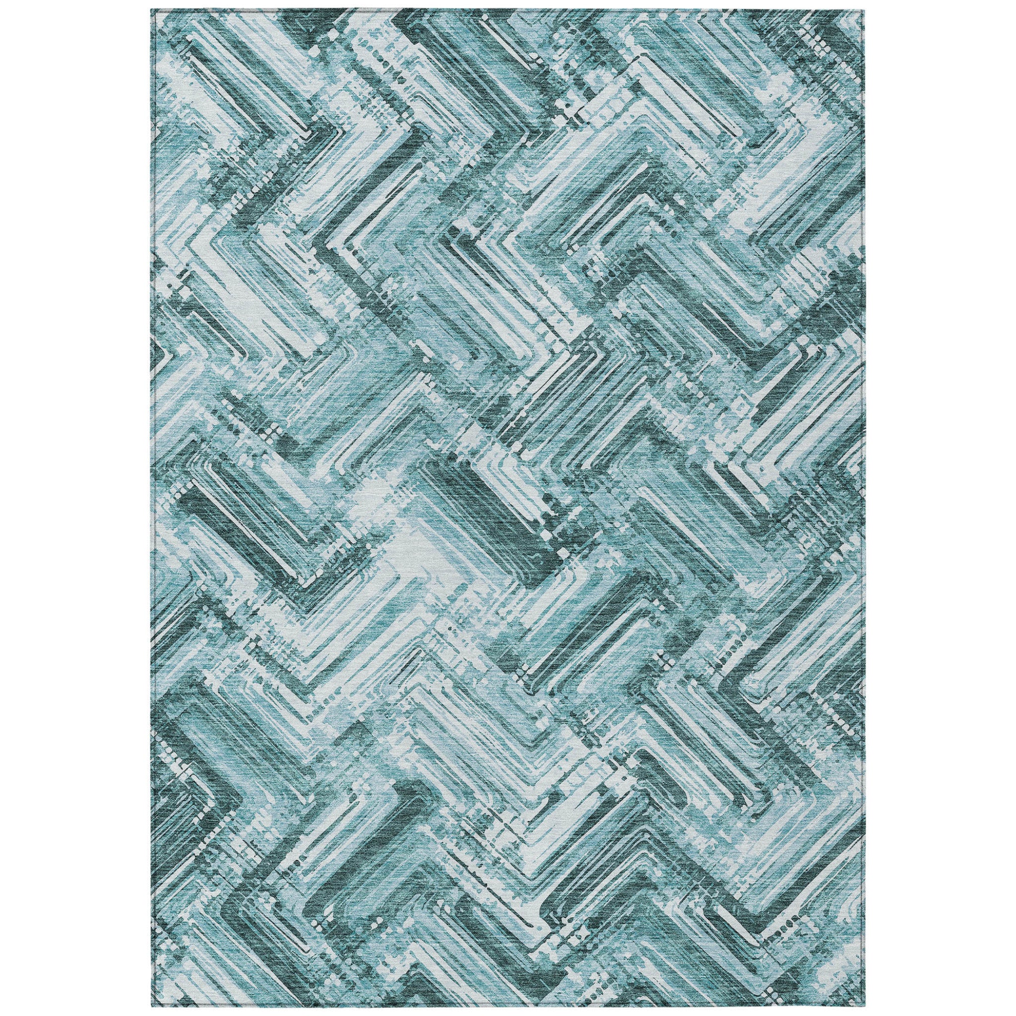 5' X 8' Teal Blue Aqua And Ivory Geometric Washable Indoor Outdoor Area Rug