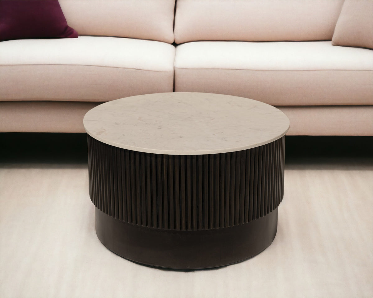 31'' White And Dark Brown Genuine Marble And Solid Wood Round Drum Coffee Table