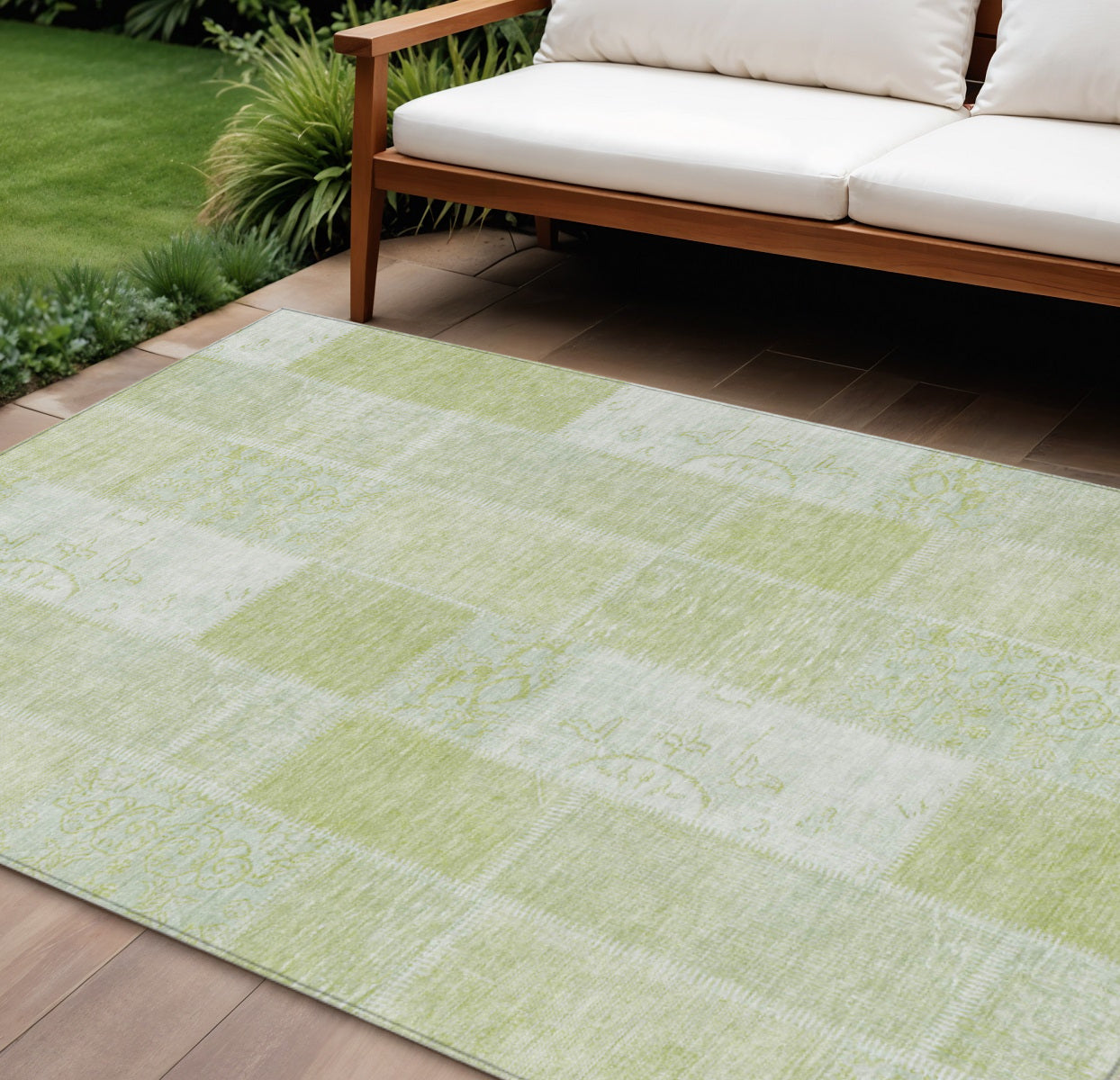 10' X 14' Artichoke Green And Ivory Patchwork Washable Indoor Outdoor Area Rug