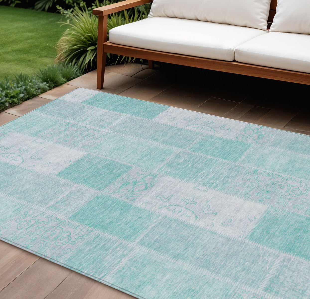 9' X 12' Aqua Teal Blue And Silver Patchwork Washable Indoor Outdoor Area Rug