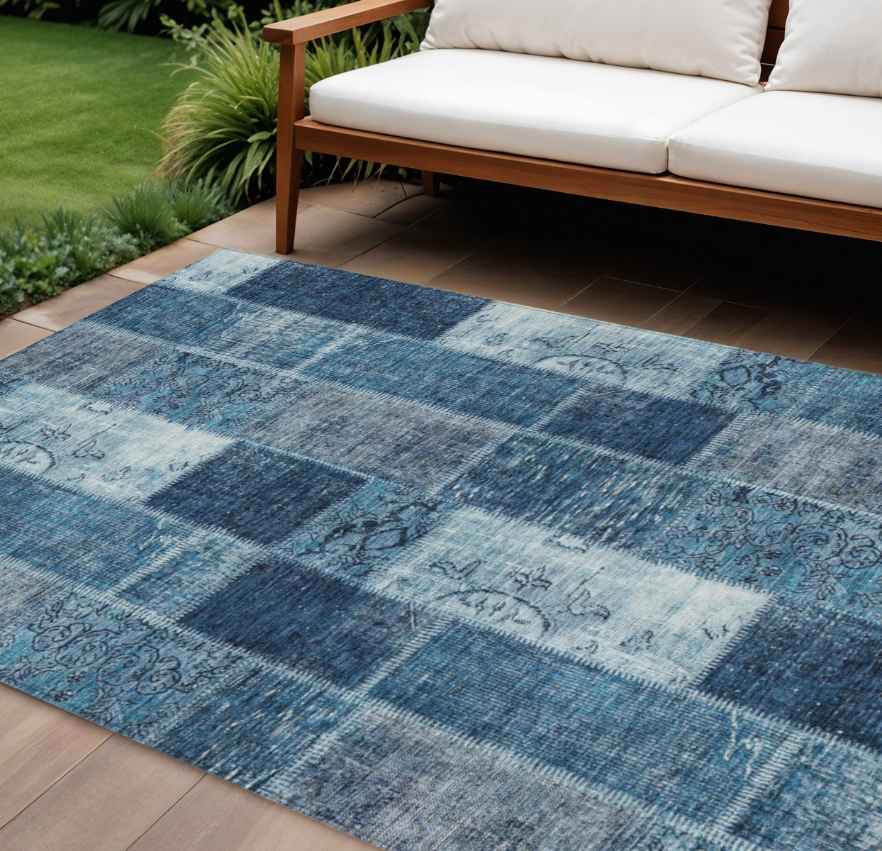 9' X 12' Navy Blue And Sky Blue Patchwork Washable Indoor Outdoor Area Rug