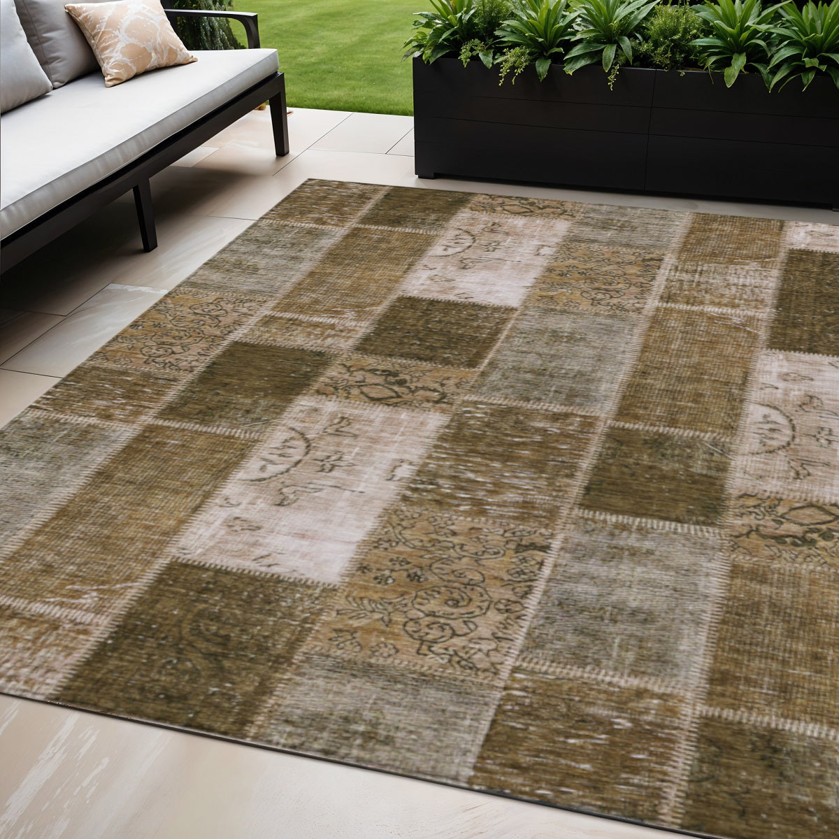 5' X 8' Brown And Ivory Patchwork Washable Indoor Outdoor Area Rug