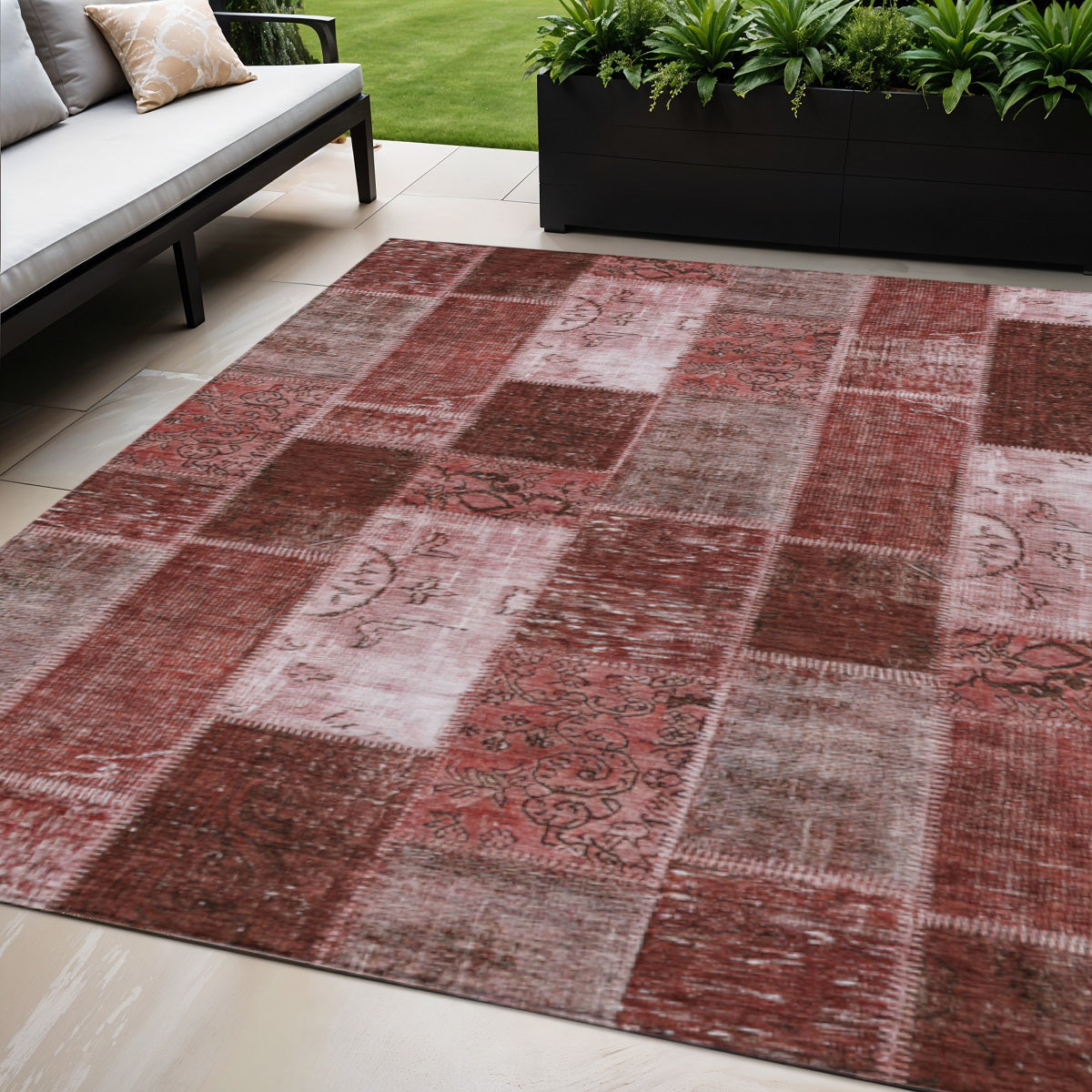 5' X 8' Burgundy Merlot And Blush Patchwork Washable Indoor Outdoor Area Rug