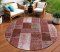 8' Burgundy Merlot And Blush Round Patchwork Washable Indoor Outdoor Area Rug