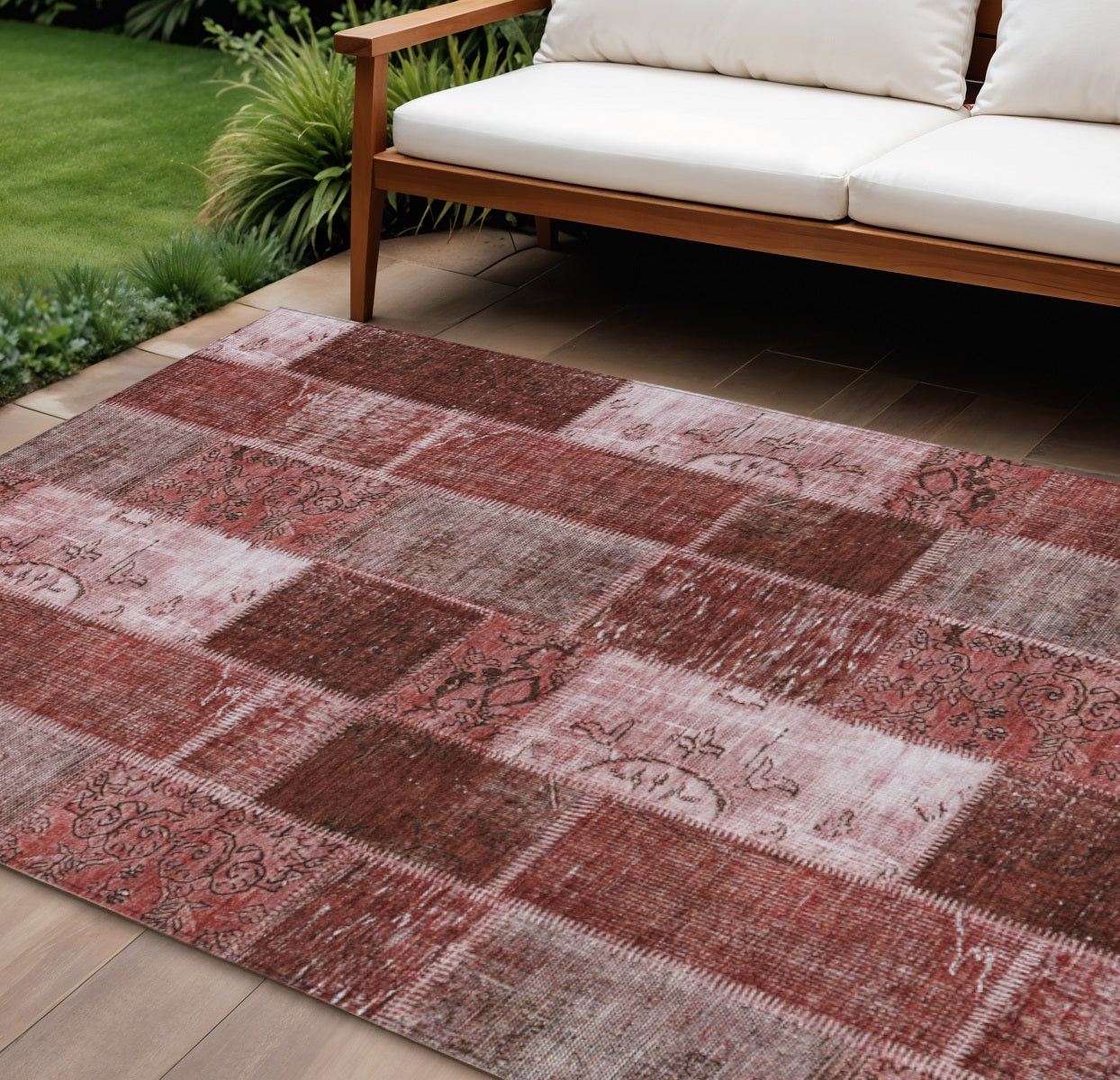 10' X 14' Burgundy Merlot And Blush Patchwork Washable Indoor Outdoor Area Rug