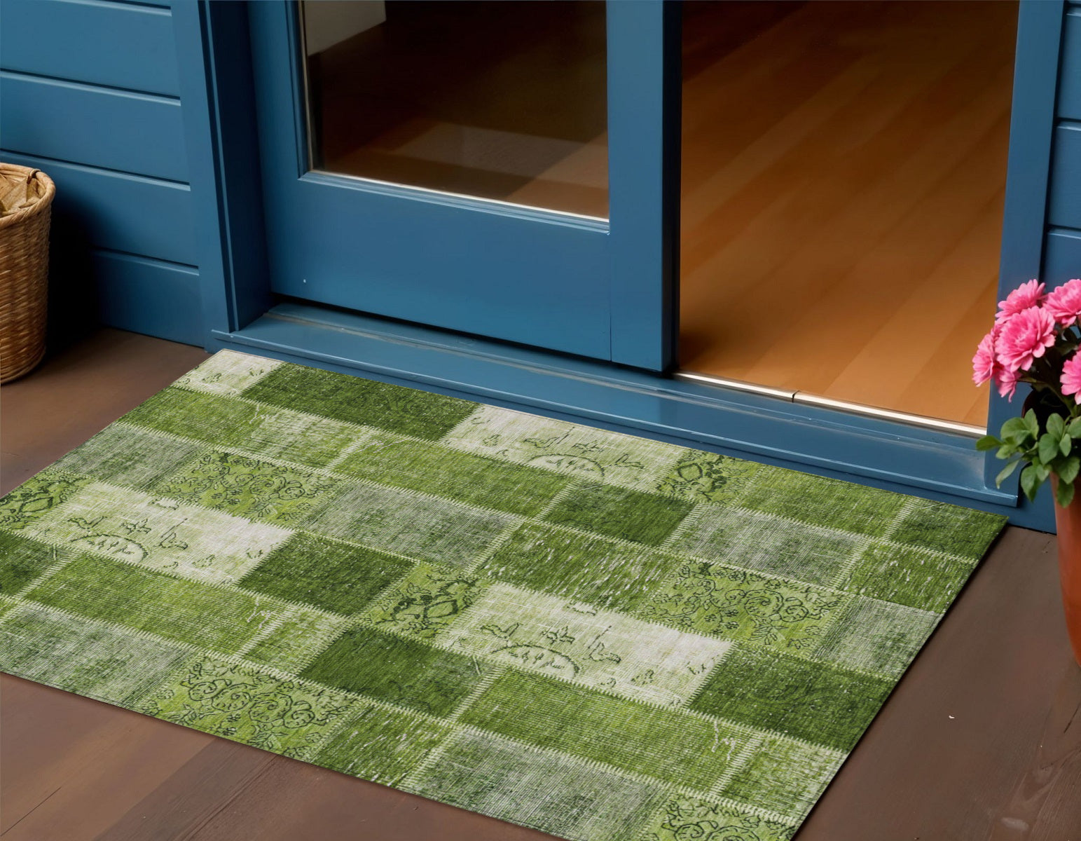 3' X 5' Olive Green And Artichoke Green Patchwork Washable Indoor Outdoor Area Rug