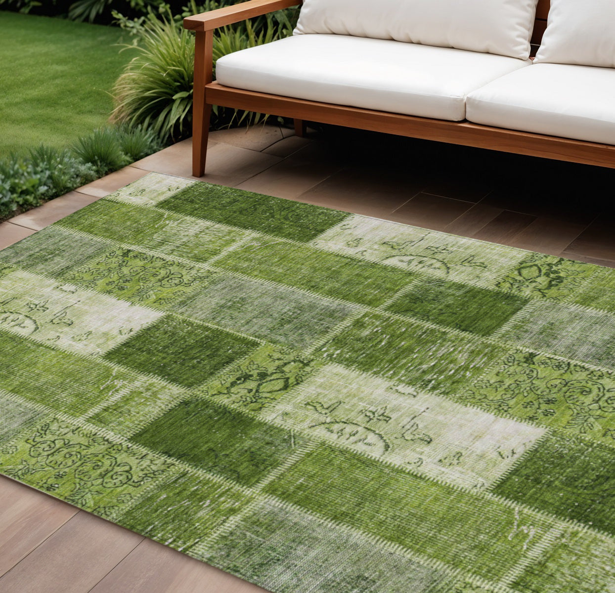 9' X 12' Olive Green And Artichoke Green Patchwork Washable Indoor Outdoor Area Rug