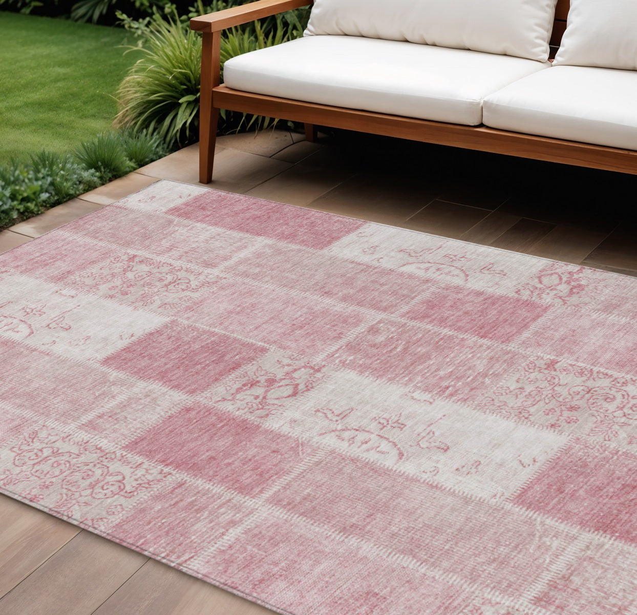 9' X 12' Pink Blush And Ivory Patchwork Washable Indoor Outdoor Area Rug