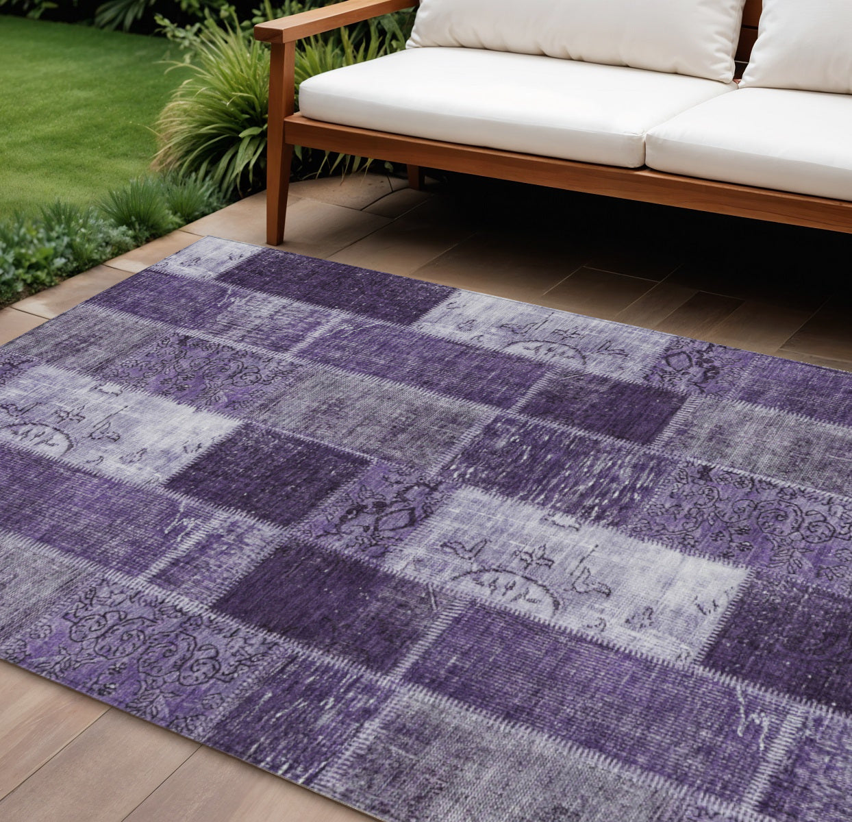 9' X 12' Purple Eggplant And Lavender Patchwork Washable Indoor Outdoor Area Rug
