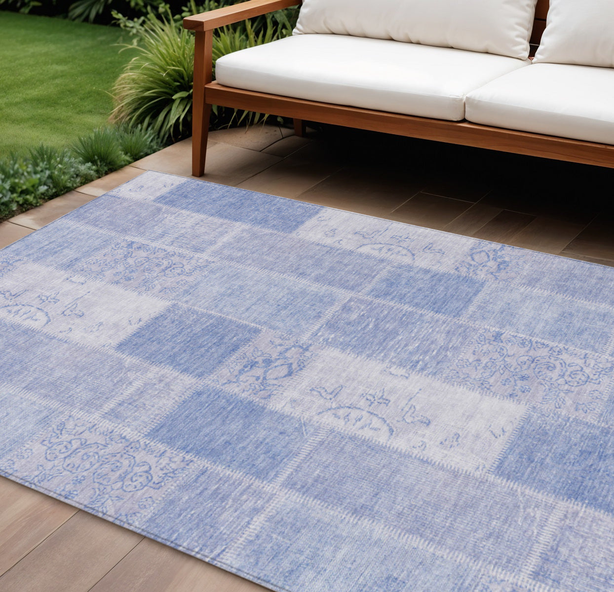 9' X 12' Sky Blue And Denim Blue Patchwork Washable Indoor Outdoor Area Rug