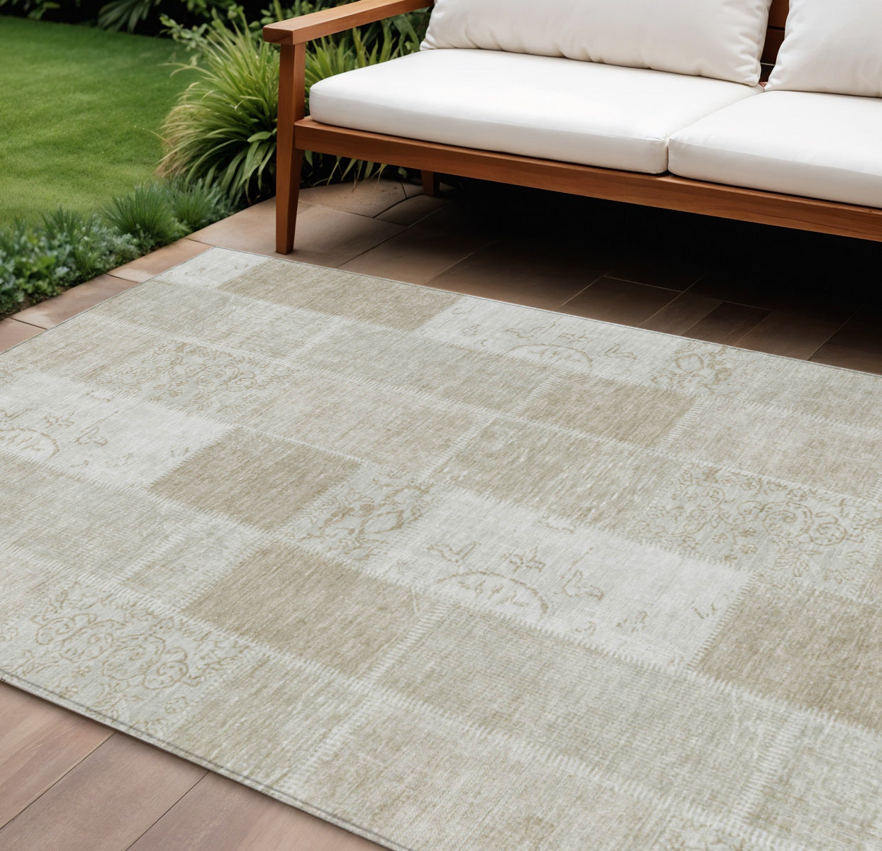 8' X 10' Taupe Beige And Tan Patchwork Washable Indoor Outdoor Area Rug