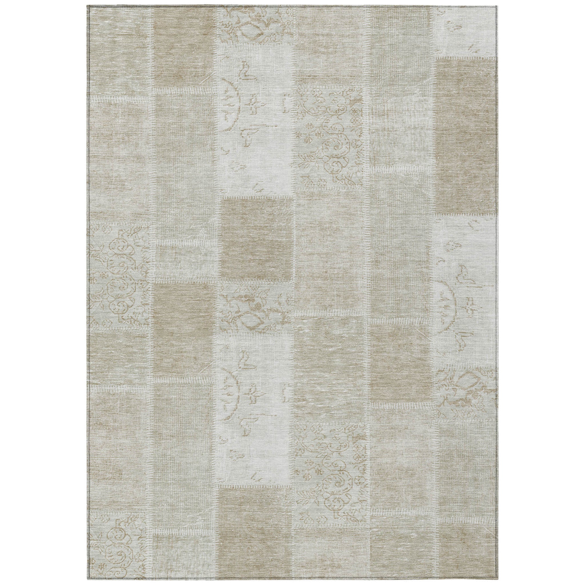 9' X 12' Taupe Beige And Tan Patchwork Washable Indoor Outdoor Area Rug