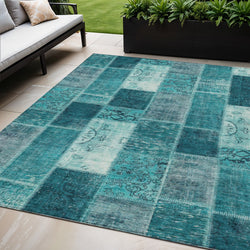 5' X 8' Teal Blue Aqua And Turquoise Patchwork Washable Indoor Outdoor Area Rug