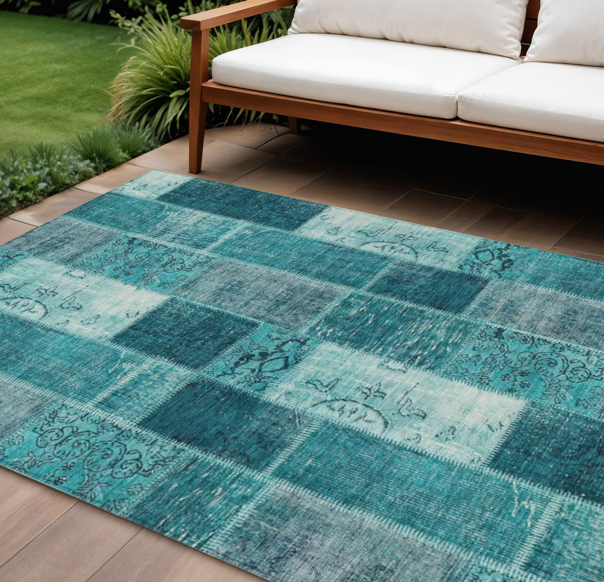 10' X 14' Teal Blue Aqua And Turquoise Patchwork Washable Indoor Outdoor Area Rug