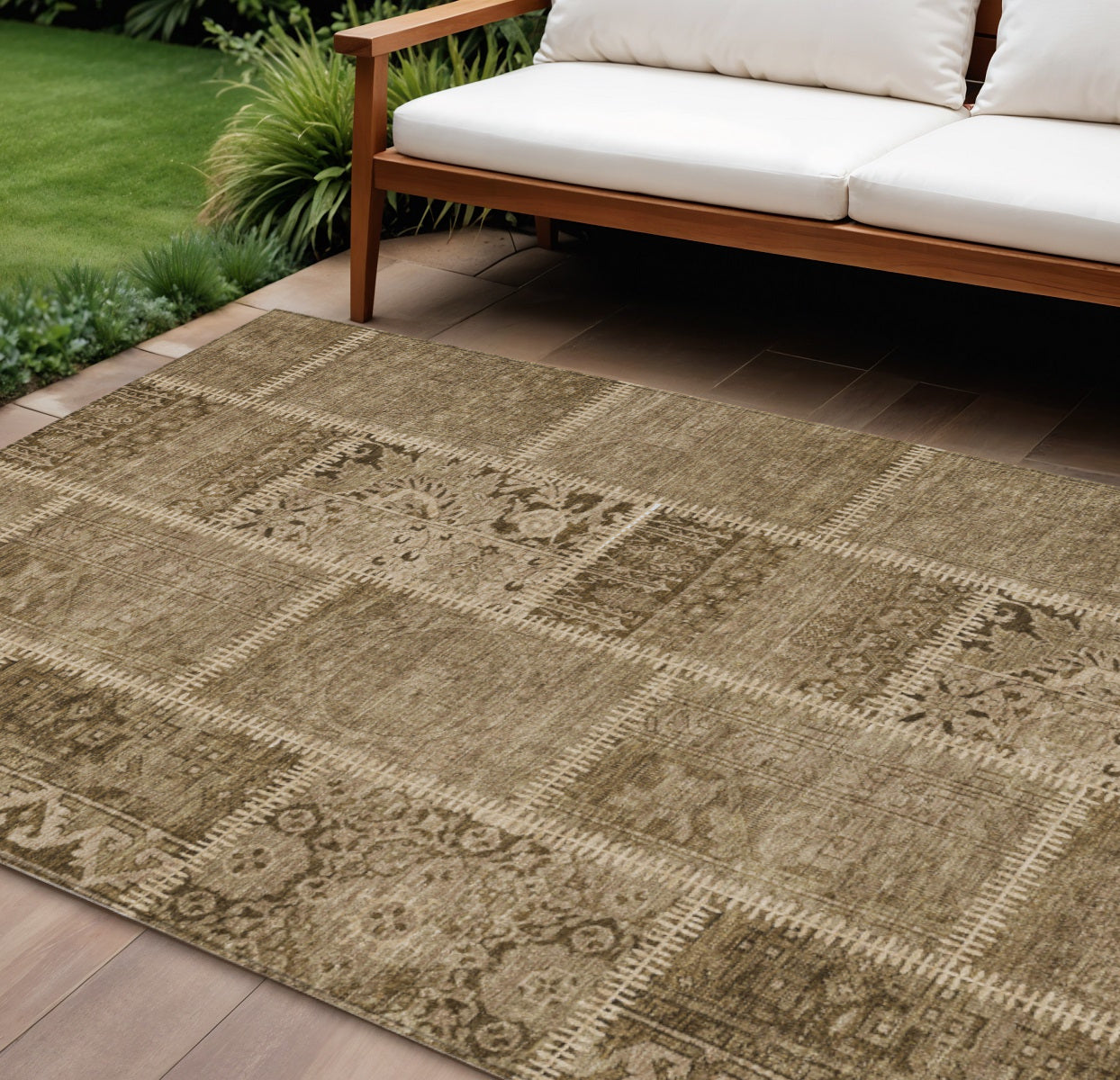 9' X 12' Brown And Beige Patchwork Washable Indoor Outdoor Area Rug
