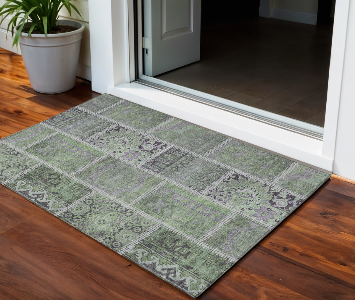 3' X 5' Green And Charcoal Patchwork Washable Indoor Outdoor Area Rug