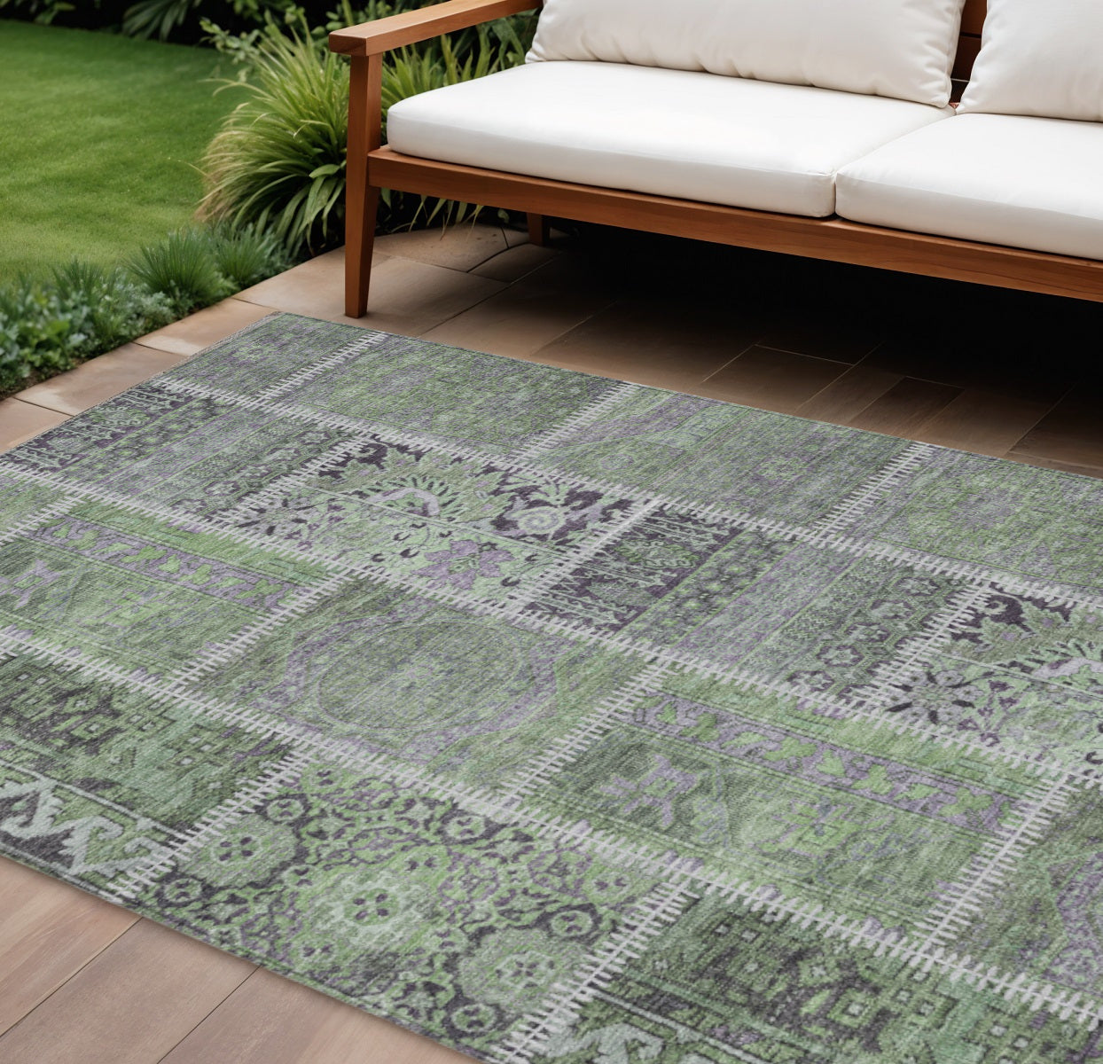 9' X 12' Green And Charcoal Patchwork Washable Indoor Outdoor Area Rug