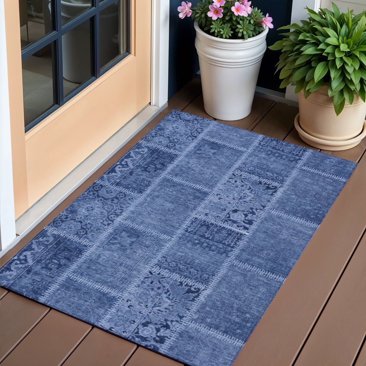 3' X 5' Navy Blue And Denim Blue Patchwork Washable Indoor Outdoor Area Rug