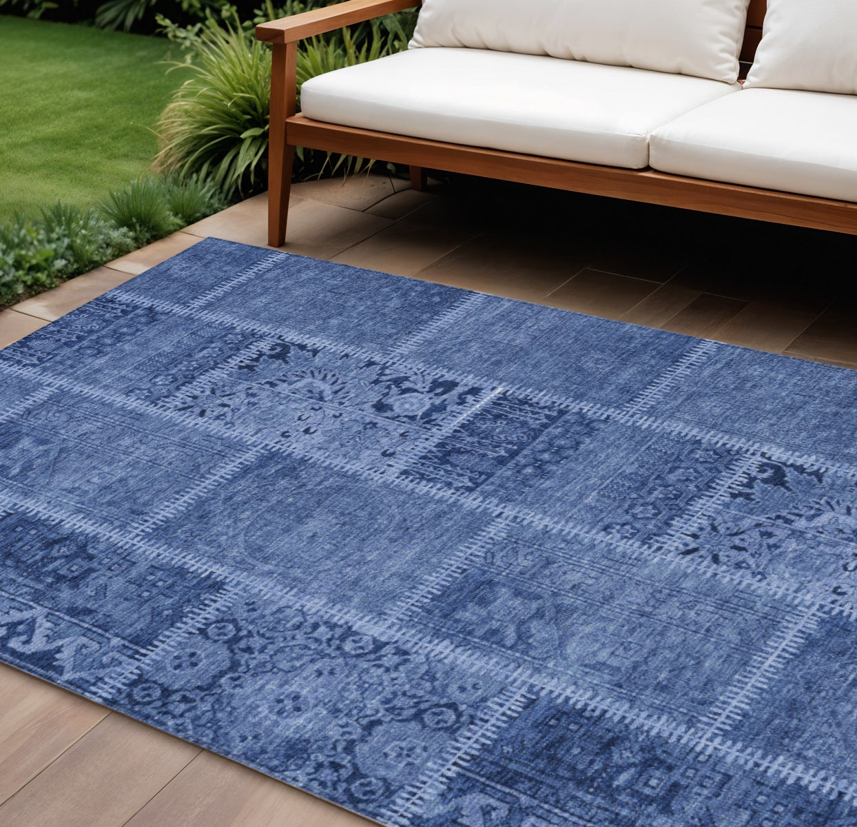 9' X 12' Navy Blue And Denim Blue Patchwork Washable Indoor Outdoor Area Rug