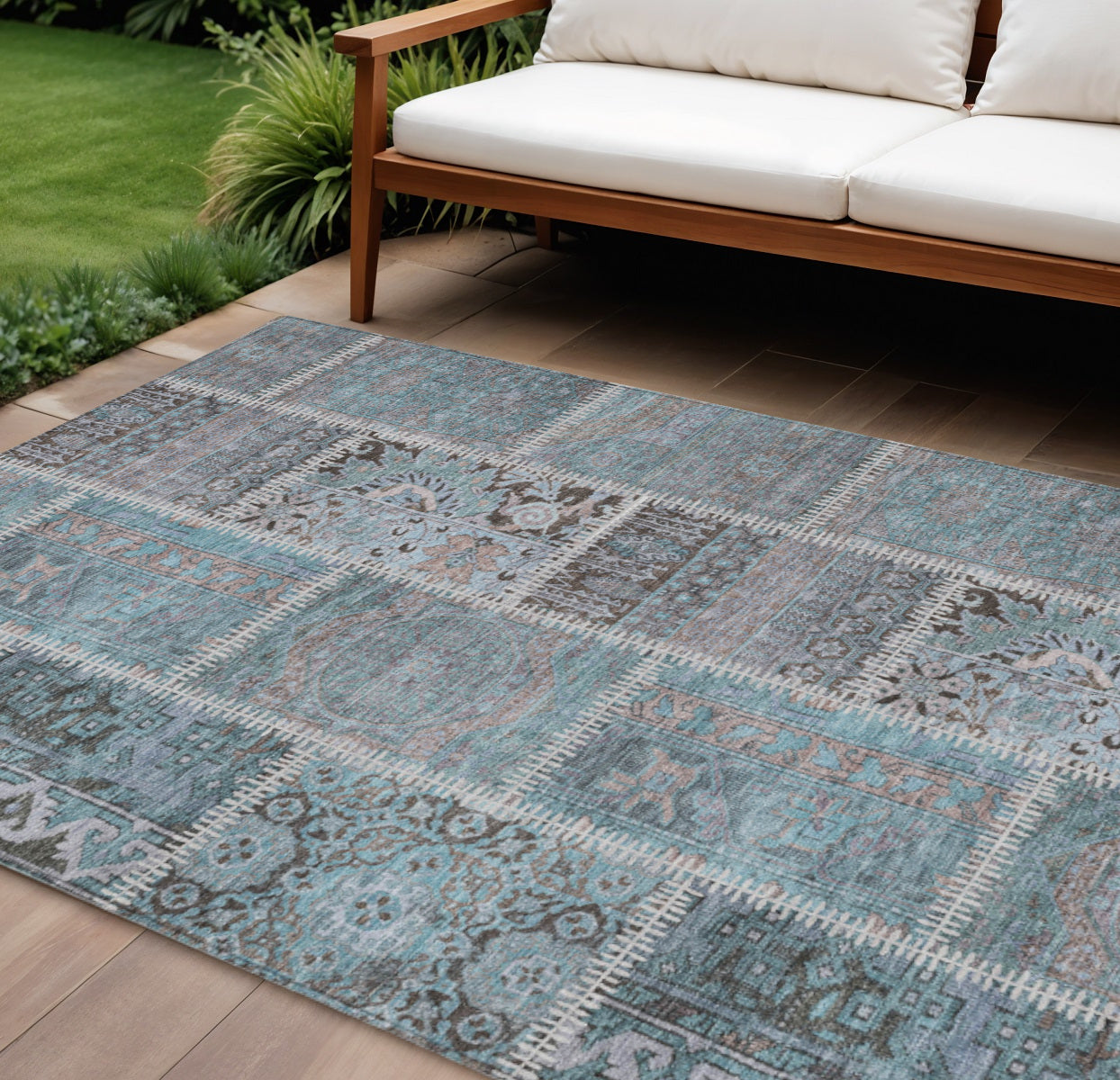 9' X 12' Teal Blue Aqua And Beige Patchwork Washable Indoor Outdoor Area Rug