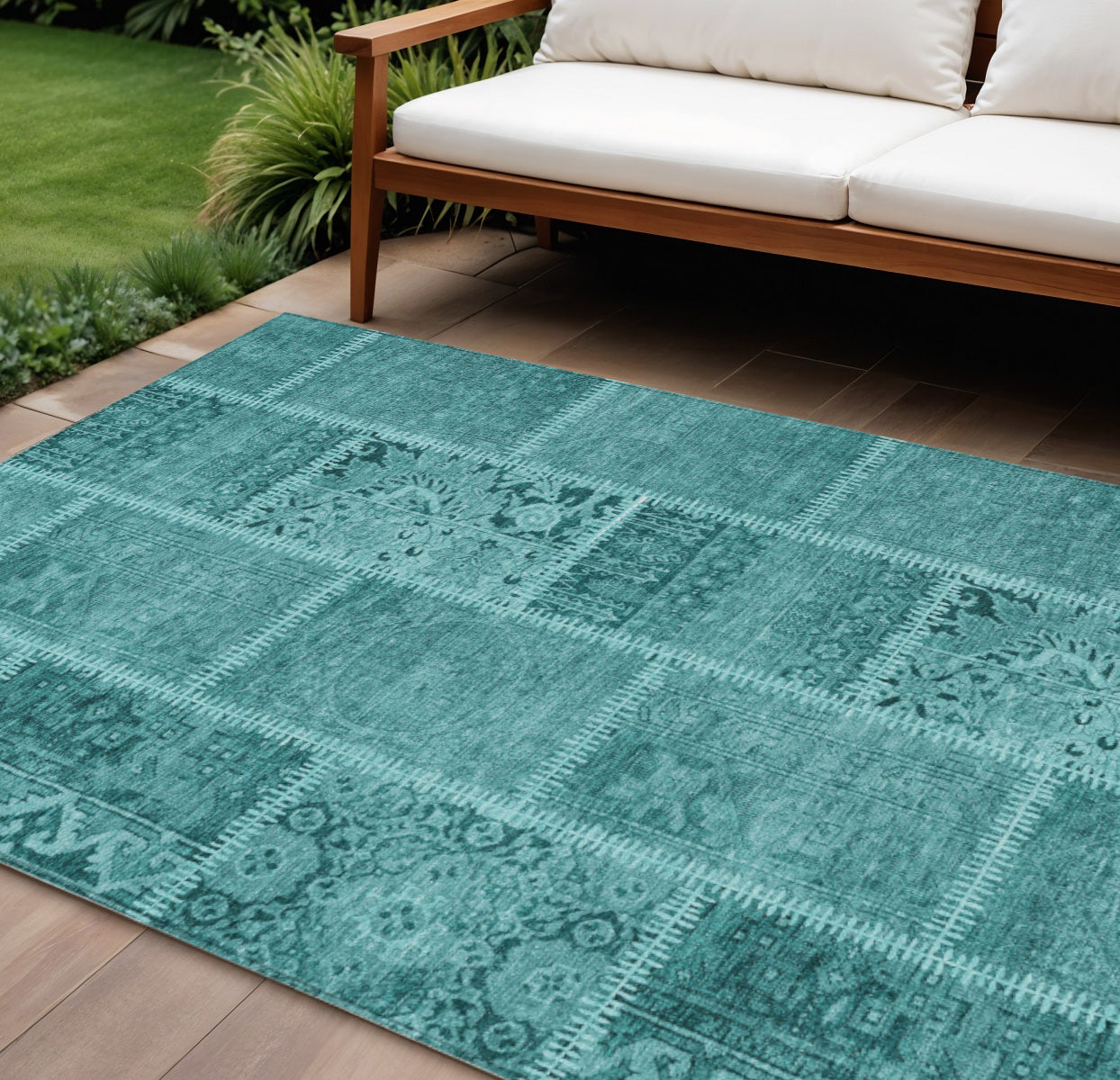 9' X 12' Turquoise Teal Blue And Aqua Patchwork Washable Indoor Outdoor Area Rug