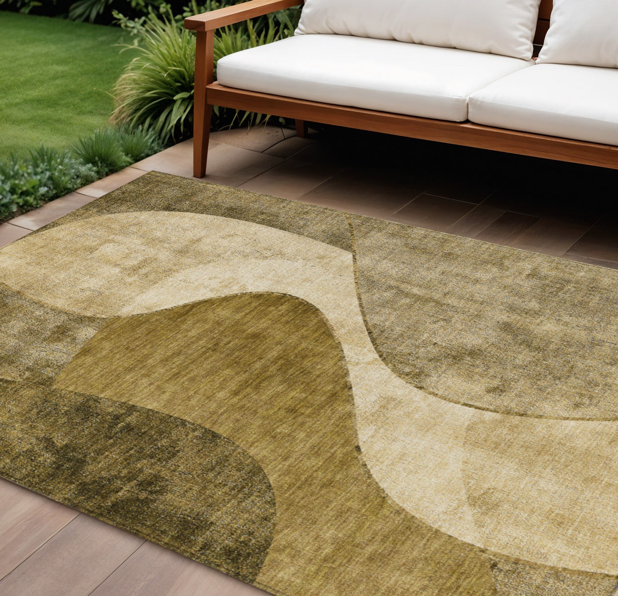 10' X 14' Brown Beige And Ivory Abstract Washable Indoor Outdoor Area Rug