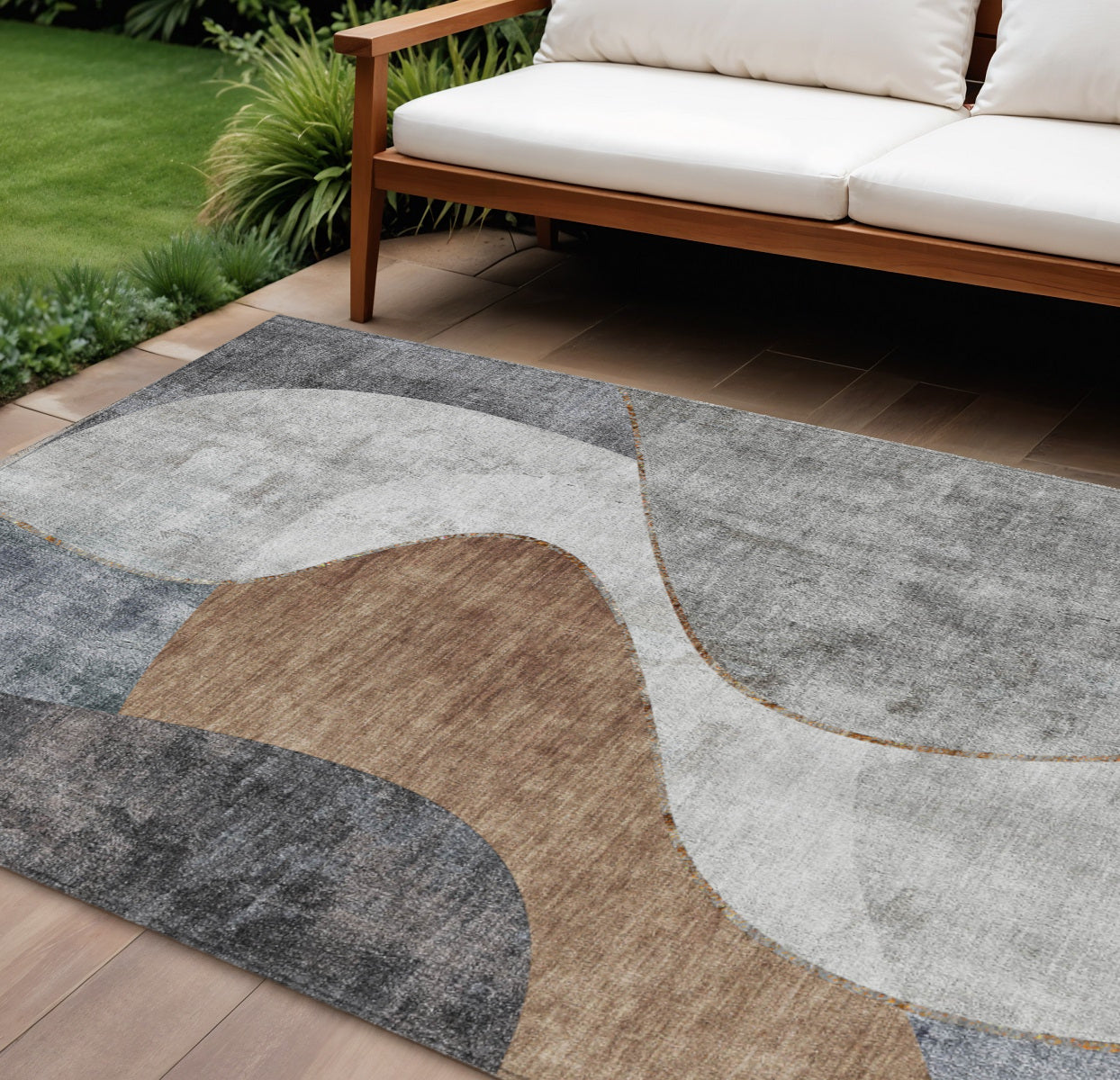9' X 12' Gray Charcoal And Brown Abstract Washable Indoor Outdoor Area Rug