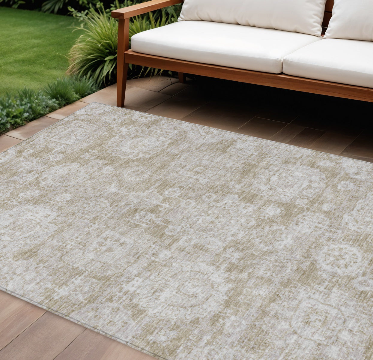 10' X 14' Beige Tan And Gray Floral Washable Indoor Outdoor Area Rug
