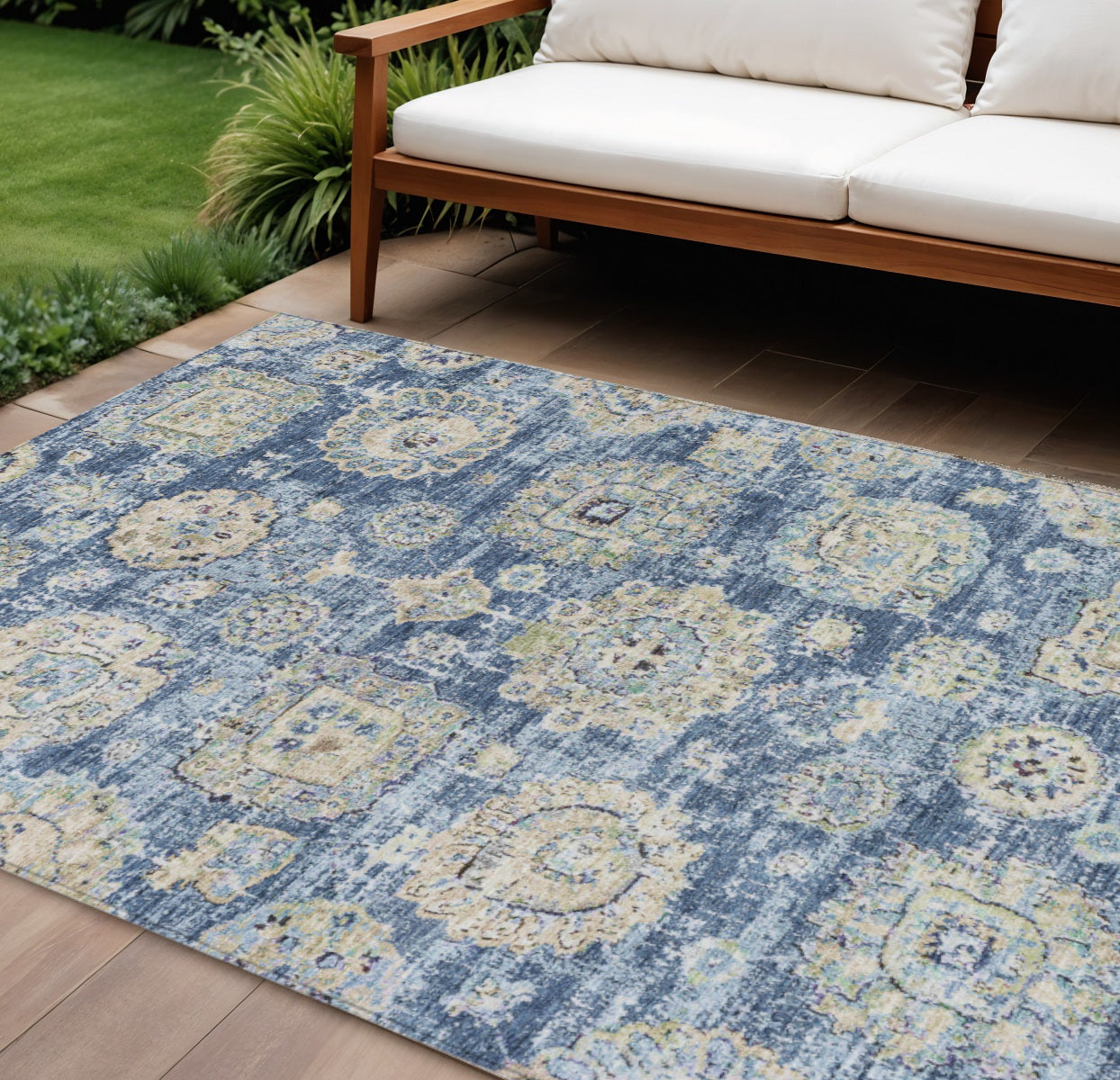 9' X 12' Navy Blue And Beige Floral Washable Indoor Outdoor Area Rug