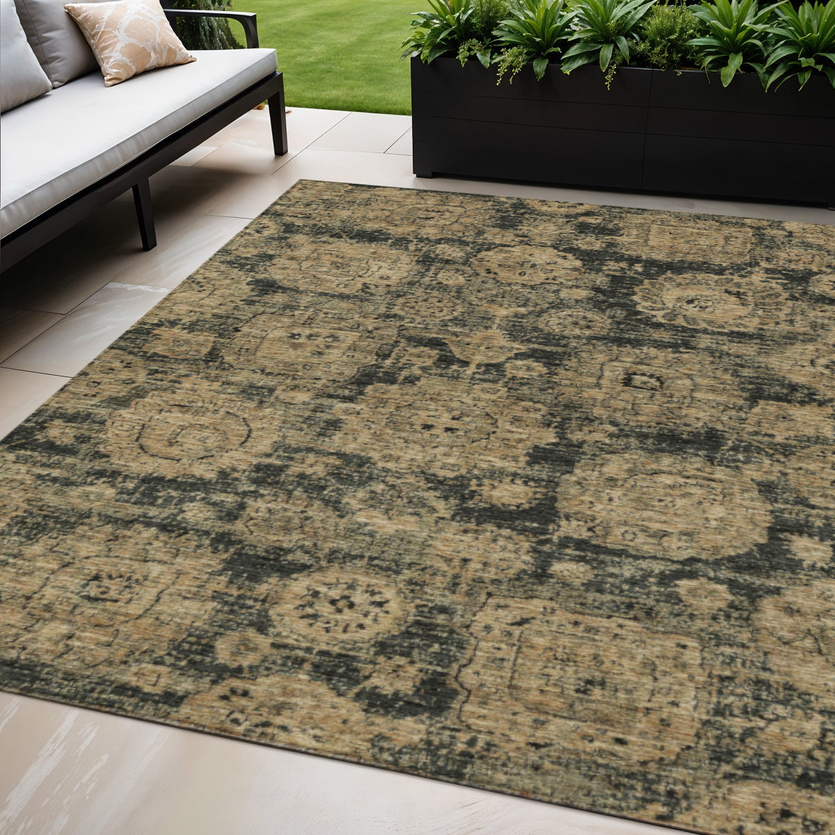 5' X 8' Charcoal Gold And Tan Floral Washable Indoor Outdoor Area Rug