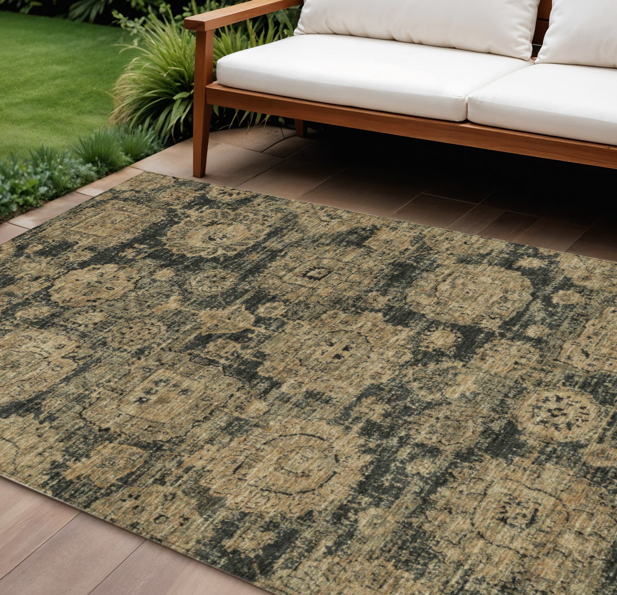 10' X 14' Charcoal Gold And Tan Floral Washable Indoor Outdoor Area Rug