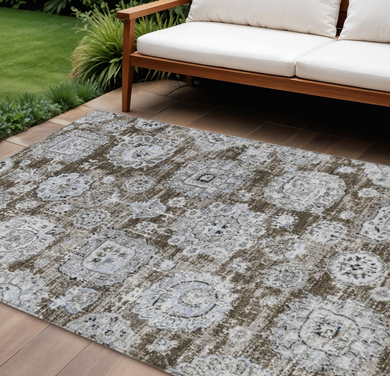 9' X 12' Chocolate And Blue Floral Washable Indoor Outdoor Area Rug