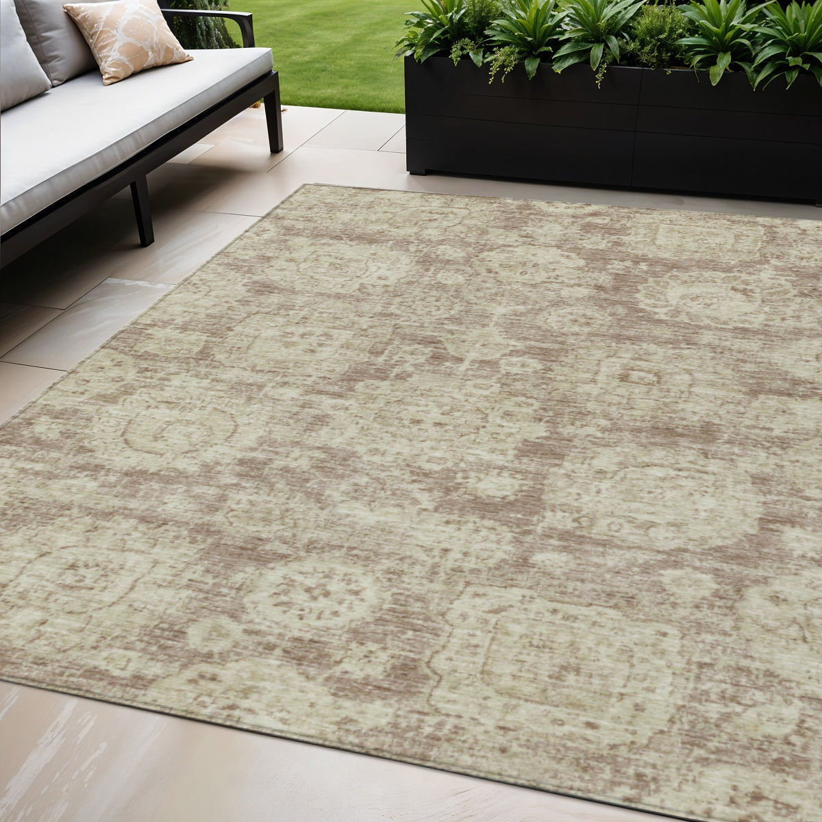 5' X 8' Brown Tan And Beige Floral Washable Indoor Outdoor Area Rug