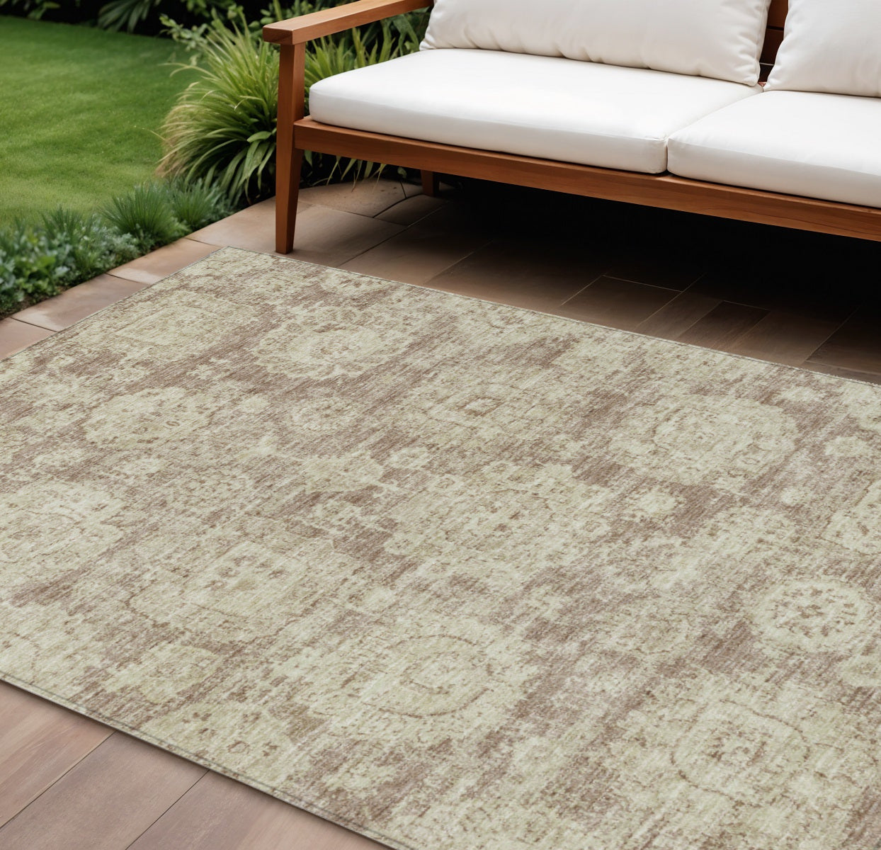 9' X 12' Brown Tan And Beige Floral Washable Indoor Outdoor Area Rug
