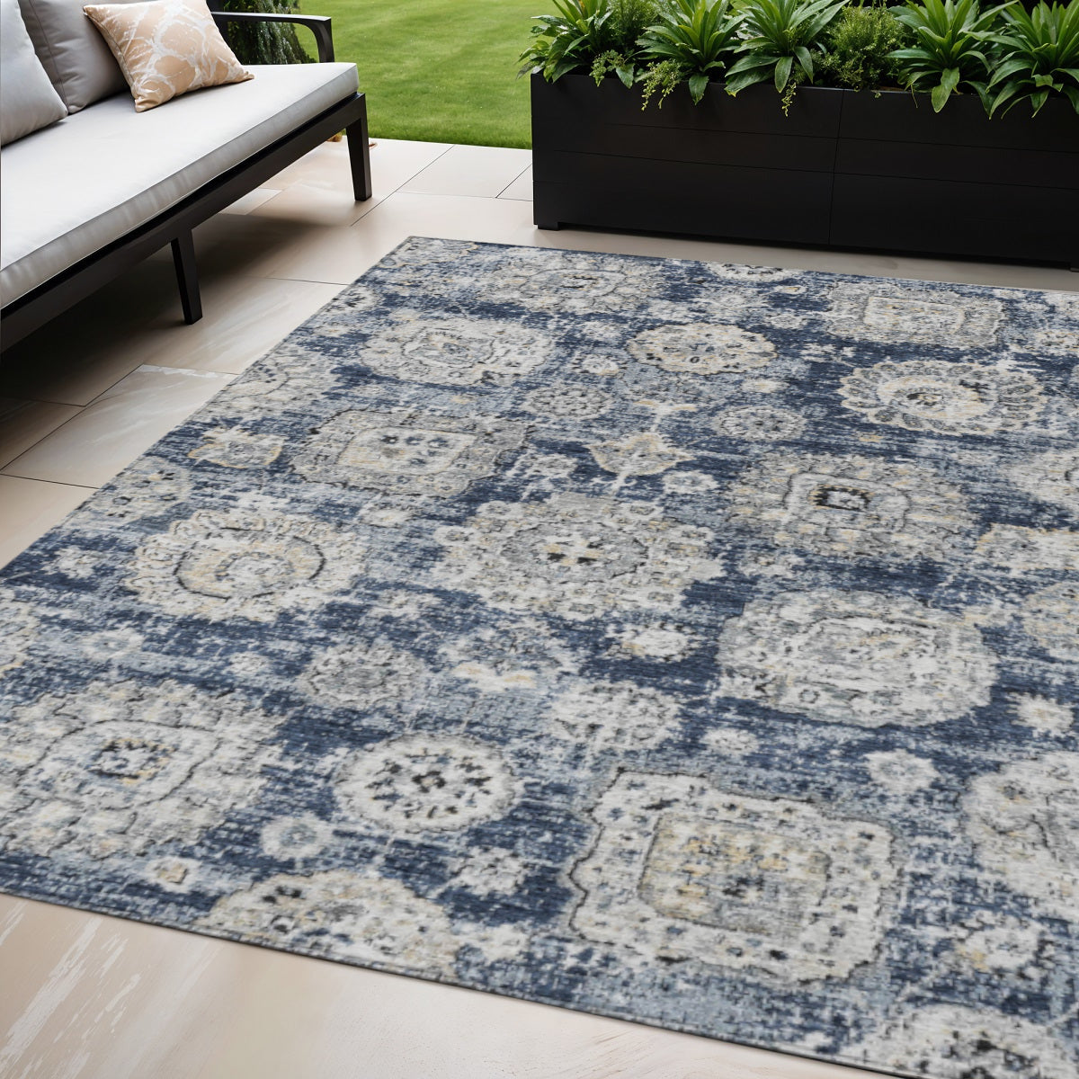 5' X 8' Navy Blue And Gray Floral Washable Indoor Outdoor Area Rug