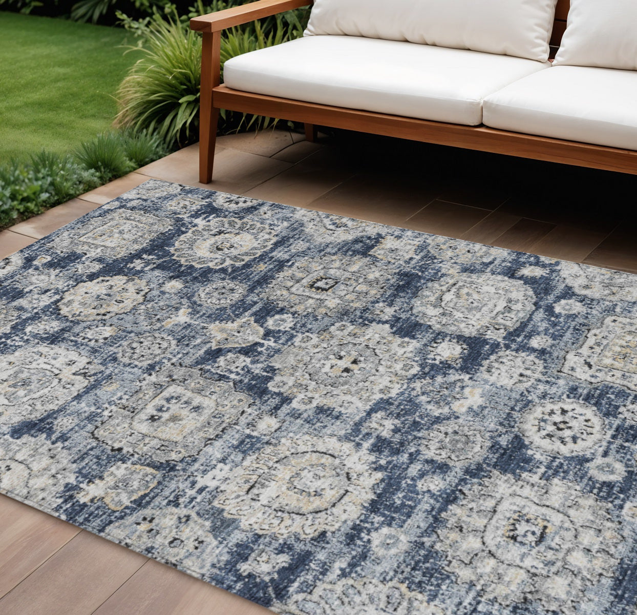 9' X 12' Navy Blue And Gray Floral Washable Indoor Outdoor Area Rug